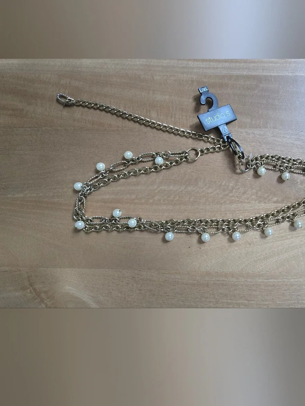 Studio S Gold Tone Multi Strand Chain Belt Faux Pearl Charms XL Adjustable Boho